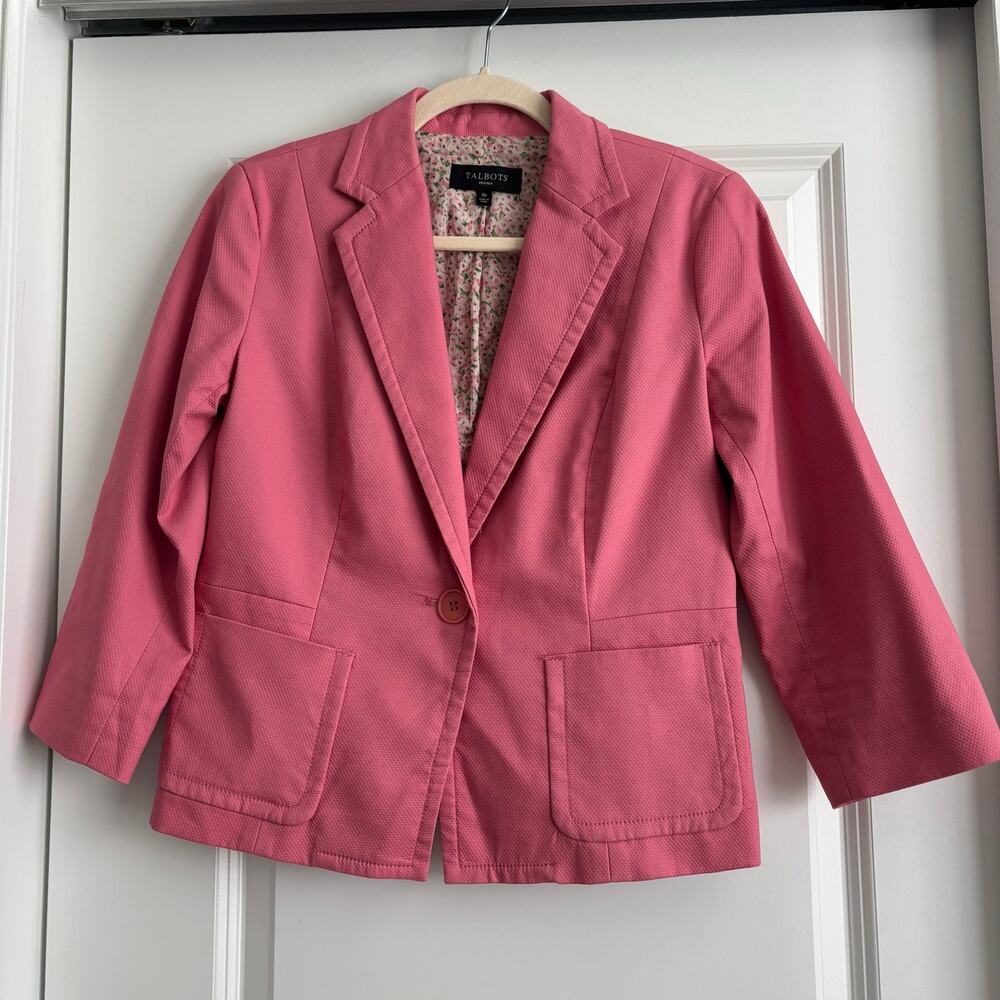 Talbots Petites Pink Textured Cotton Blazer Jacket 8P  Pique Stretch